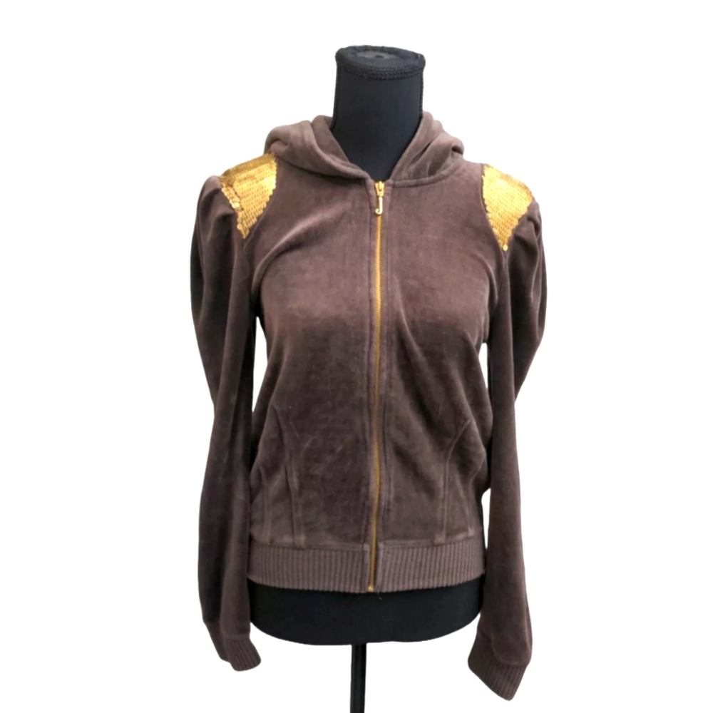 Vintage Y2K Juicy Couture Velour Hooded Full Zip Jacket Beaded Sequin Medium